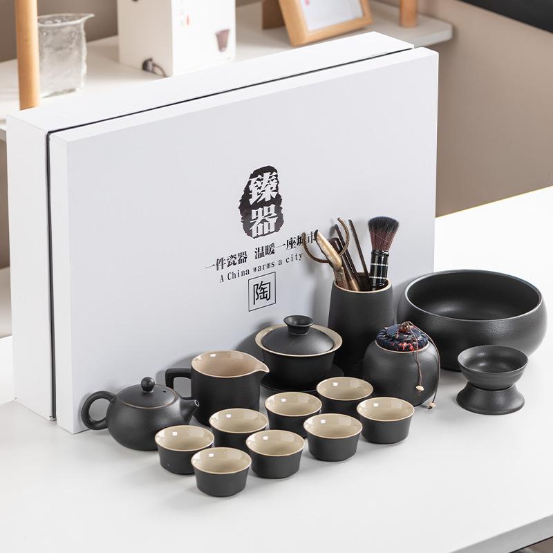 Black Pottery Kung Fu Tea Set Cover Bowl Teapot Tea Cup Tea Set Accessories Complete Tea Tray Business Gifts High-end Gift Box