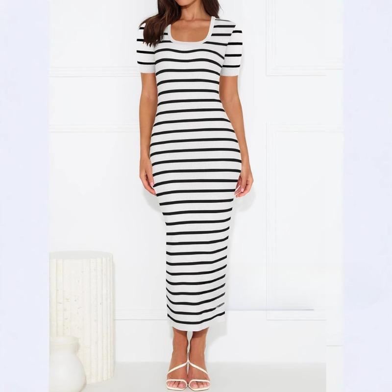 Women's Summer Sexy Knitted Striped Splicing Short Sleeve U Neck Long Dress