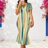 Women Plus Size V Neck Short Sleeve Printed Dark Blue Fitted Fishtail Dress