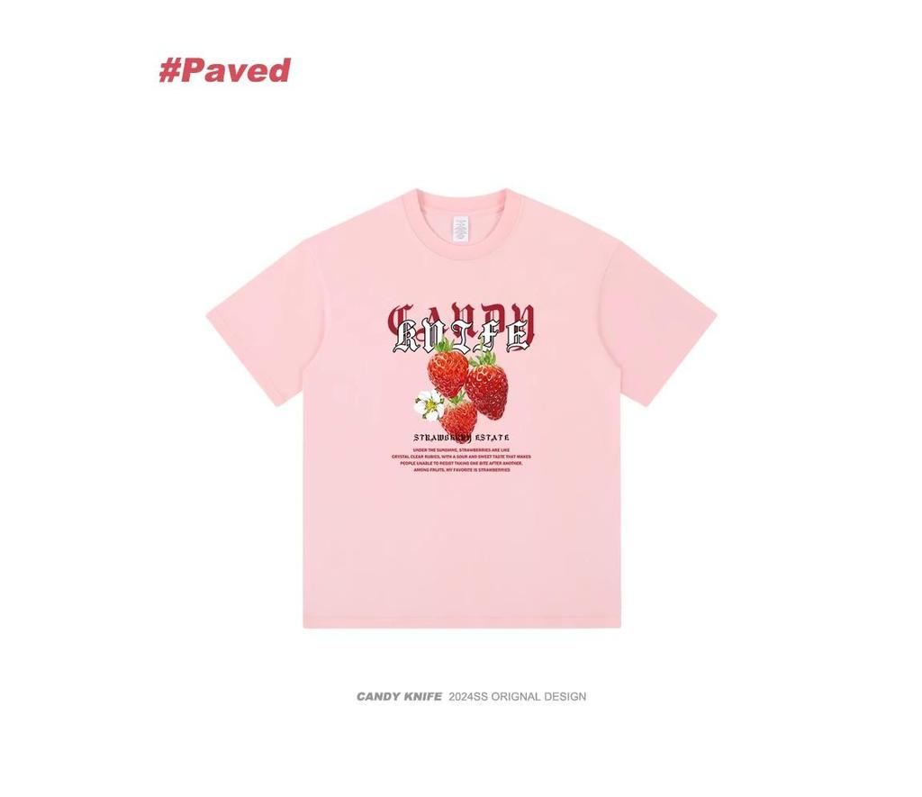 Unisex American Retro Hong Kong Style Strawberry Print T-Shirt - Summer Loose Fit