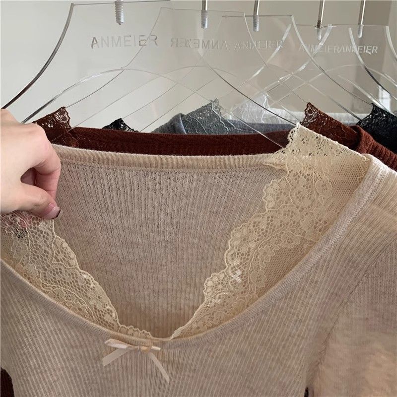 V-neck Splicing Long-sleeved Autumn and Winter Polished Inner Slim-fitting and Thin Versatile Bottoming Top