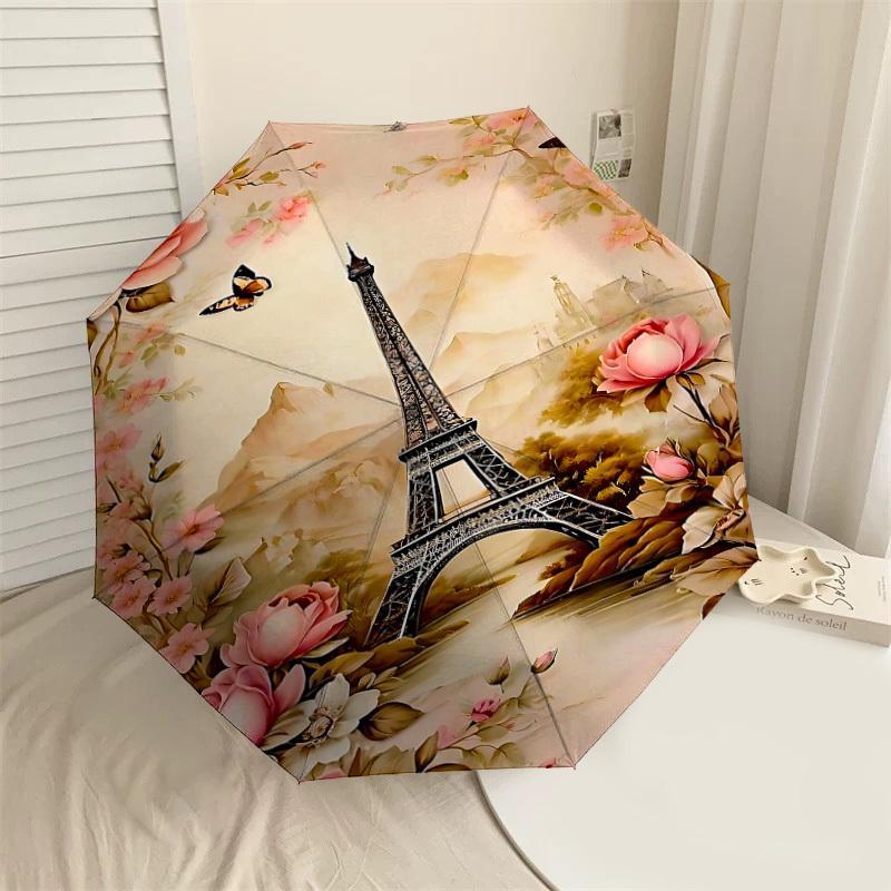 

1PC Eiffel Tower Flowers Umbrella-8-Rib Reinforced, Automatic Open, Lightweight & Durable, Cute Fashion Accessory for Outdoor, Beach, or Casual Use, B