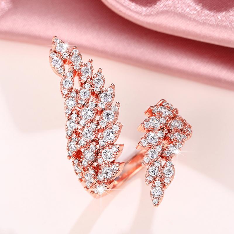 

Huitan Newly-designed Feather Wing Shaped Opening Rings for Women Silver Color Full Dazzling Cubic Zirconia Fashion Female Rings resizable