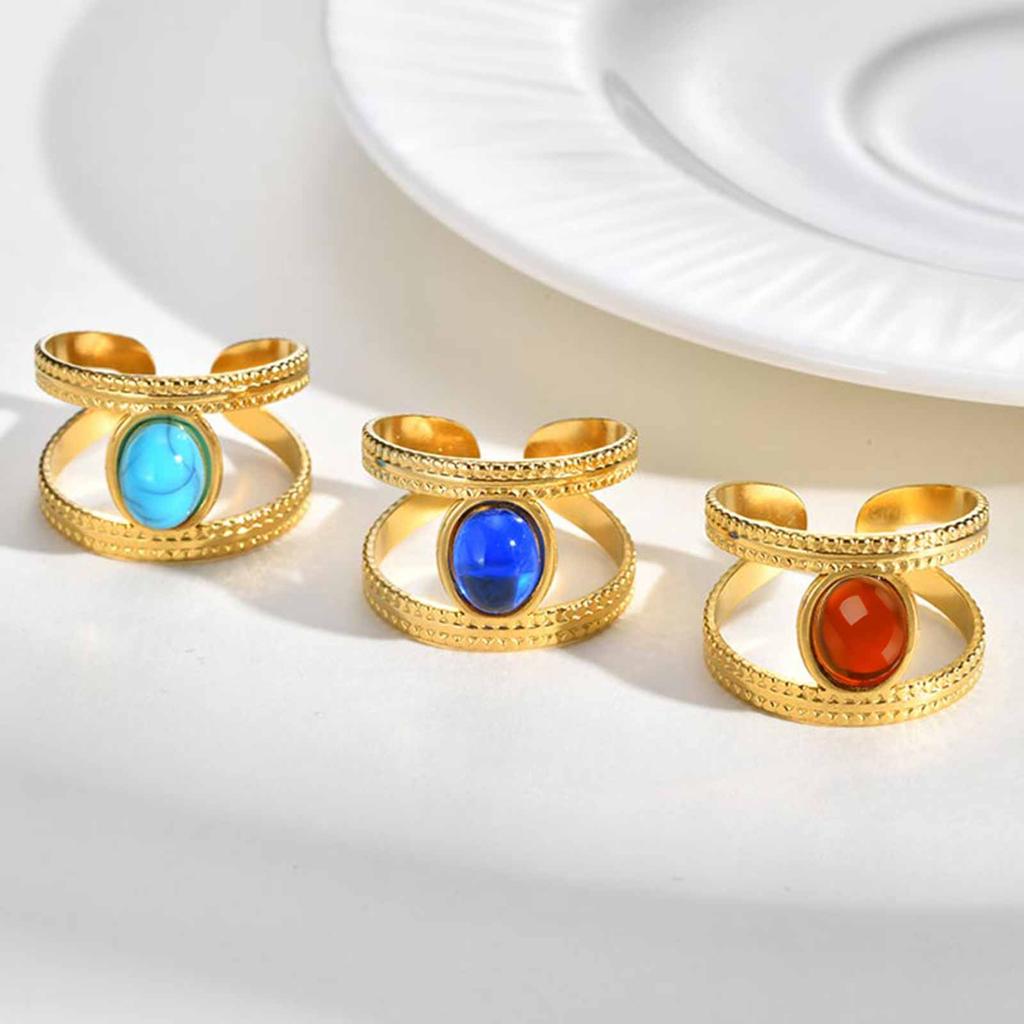 Waterproof Stainless Steel Rings for Women, Double Layered Open Adjustable Oval Nature Stone Bohemian Stylish Fashion Jewelry