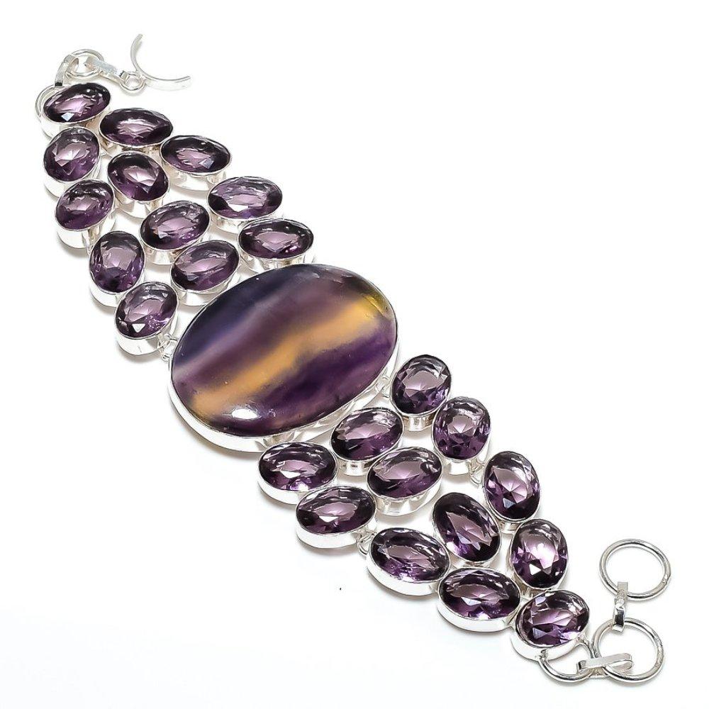 Fluorite, Amethyst Handmade 925 Sterling Silver Bracelet 7-8" N2n65