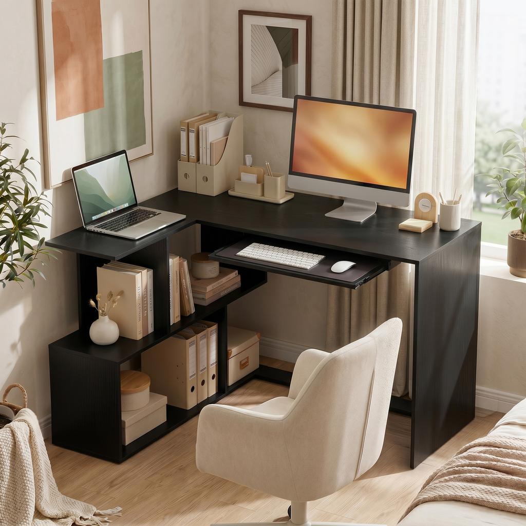 Corner Desk, 120 x 100 x 76 cm, L-Shaped Computer Desk, Keyboard Tray, 4 Open Compartments, Black