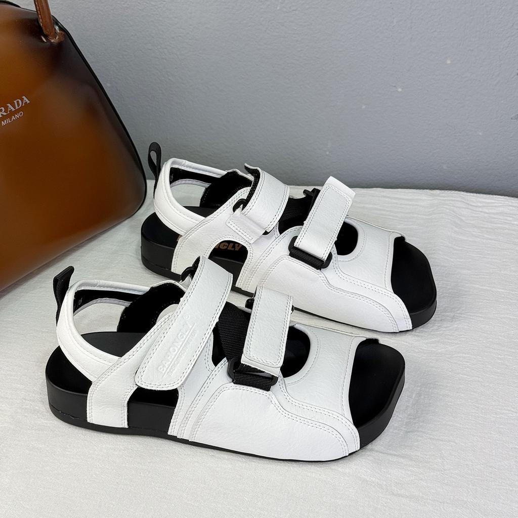 2025 popular niche crooked square head sandals women's white black versatile flat heel Velcro casual beach cool slippers