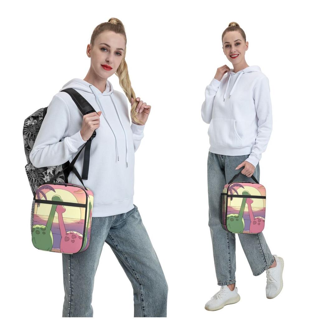 Cartoon Cute Dinosaur Couple Watching Sunset Insulated Lunch Bag for Women Kids Portable Food Boxes Thermal Lunch Box Tote