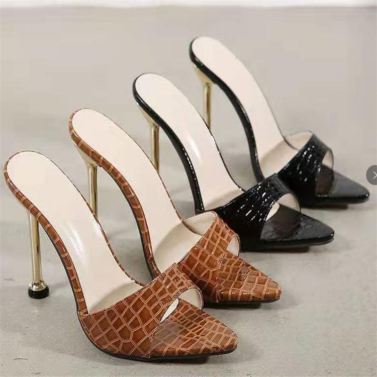 Snake pattern open-toed pointed high-heeled cool slippers women's European and American fashion stiletto sandals heels slippers