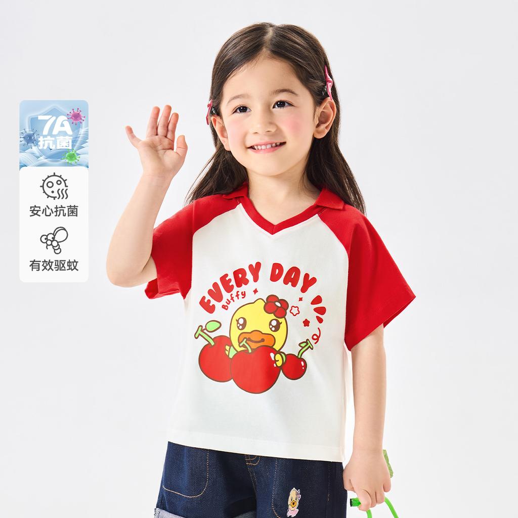 B. Duck Yellow Duck Children's Clothing Girls' 2026 Summer New Style Color Blocked Printed Fashion Short T-shirt