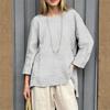 Women's Loose Cotton And Linen Retro Printed Round Neck Long Sleeved Fashionable Top