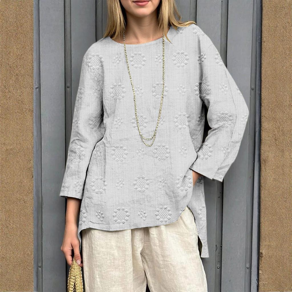 Women's Loose Cotton And Linen Retro Printed Round Neck Long Sleeved Fashionable Top
