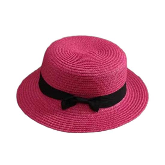 Beach Straw Hat Flat Top Wide Brim Sun Protection Hat with Black Ribbon Bow Hand-Woven Breathable Summer Hat