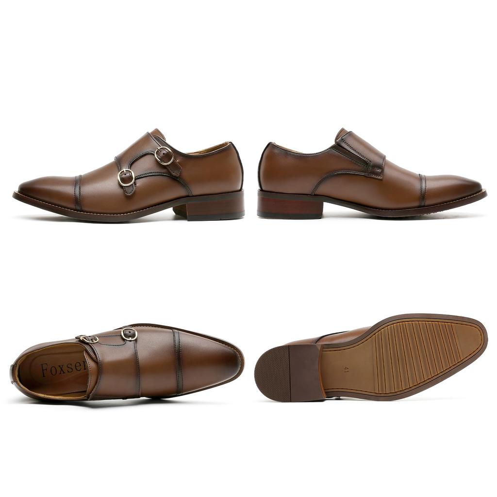 [Foxsense] Men's Business Shoes, Leather Dress Shoes, Genuine Leather, Monk Strap, Straight Tip, High-Quality Gentleman's Shoes, Lightweight & Waterpr