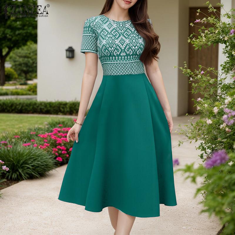 ZANZEA Ethnic Print Patchwork Casual Round Neck Short Sleeve Women Dress
