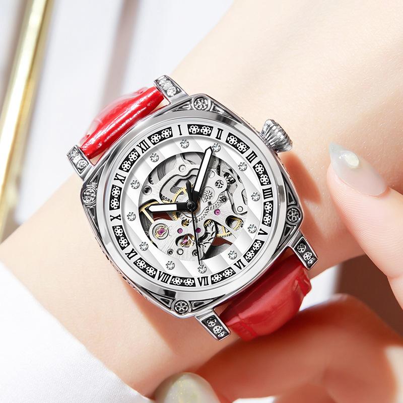 Fully Automatic Mechanical Tide Watch Fashion Trend Engraved Diamond-Encrusted Leather Strap Hand Luminous Waterproof Men'S And Women'S Watch