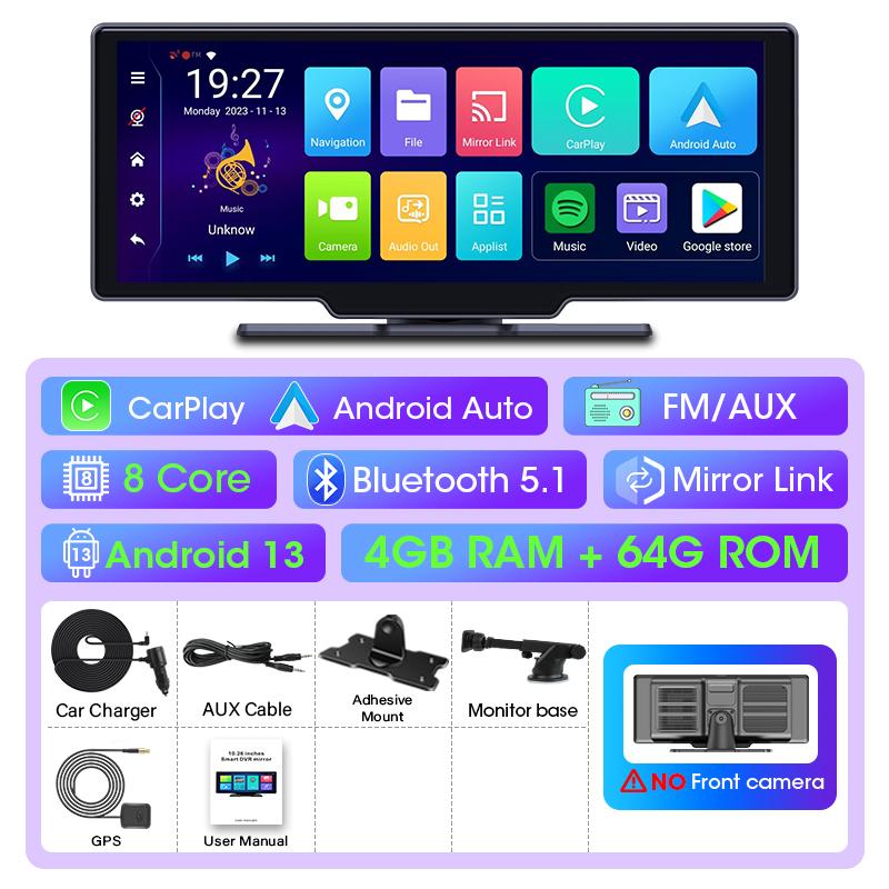 10.26" Android 13 Mirror Video Player Wireless Carplay Android Auto 8 Core GPS Navigation Rearview Car With Camera AUX Bluetooh