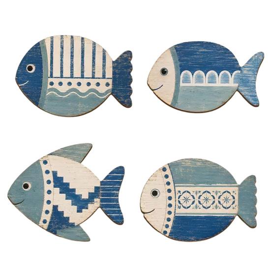 Nautical Home Ornaments 4PCS Wooden Fish Wall Decoration, Rustic Mediterranean Style Hanging Plaques, Blue White And Ocean Theme Decorations Geometric