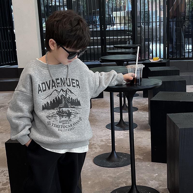 Spring Children's Sports and Leisure Hoodie, Cartoon Printed Single Piece Loose Round Neck Top for Big Boys