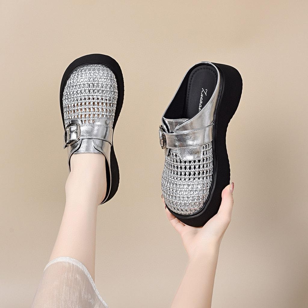 Baotou Thick-bottomed Sandals Women's Outer Wear 2025 Summer New Retro Woven Vacation Style Roman Slippers Women's Lazy Drag