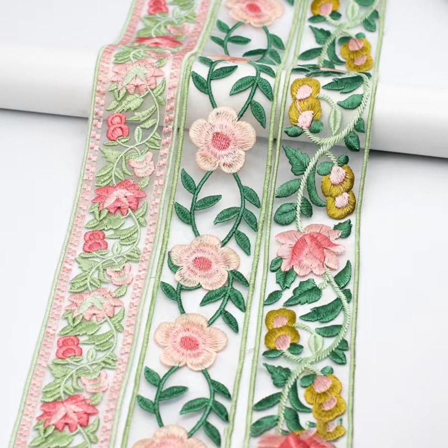 1Yard Pink Green Leaves Flower Lace Fabric DIY Clothes Embroidered Lace Trim Accessories
