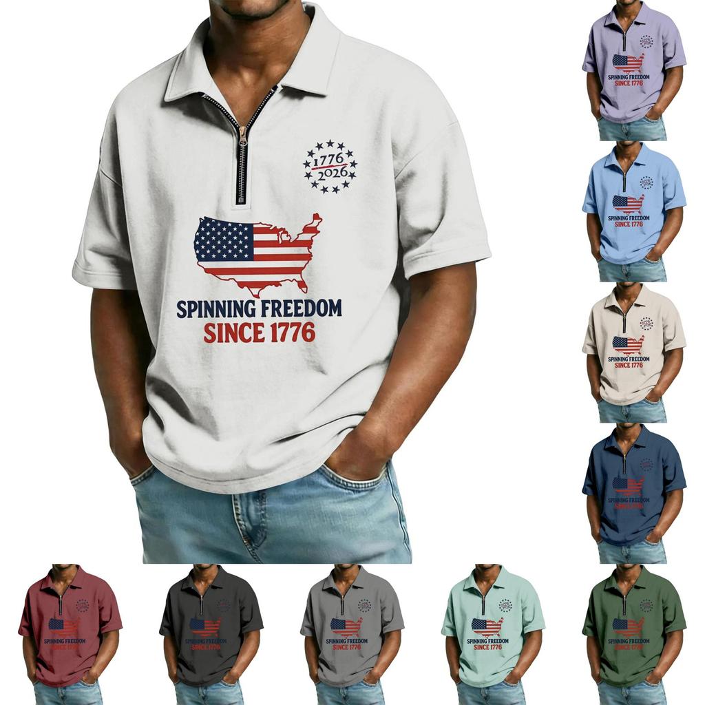 Men’s Short Sleeve Polo Shirt with USA Map and Flag Print Quarter Zip Collar Casual Loose Fit Top 1776 Design