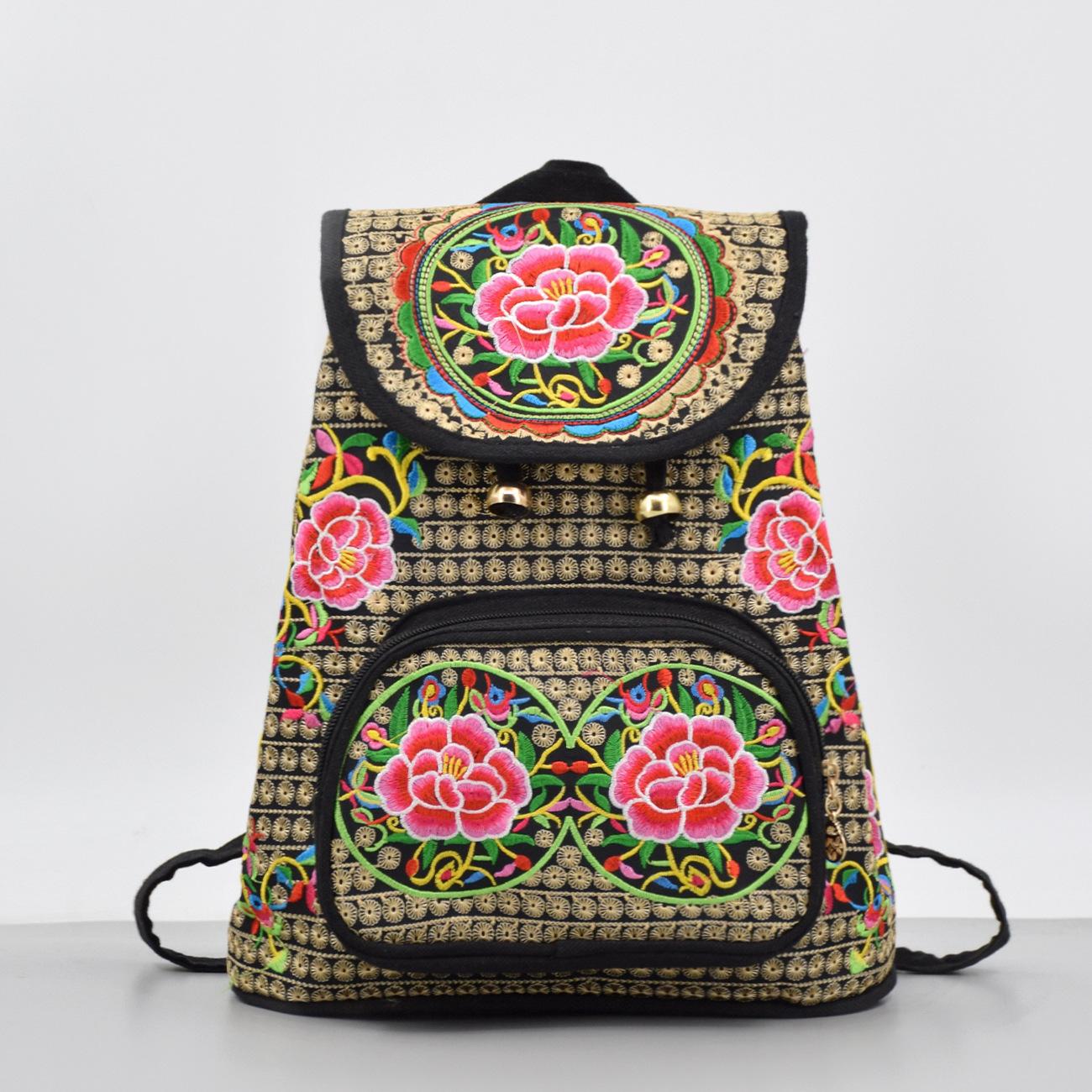 

Vintage Floral Embroidered Canvas Backpack Casual Ethnic Girls Rucksack with Multi Pockets Flap Schoolbag Travel Bag for Ladies