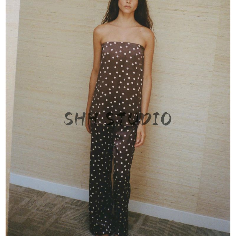 Strapless Straight Collar Silk Satin Texture Plaid Tube Top Tops 4772026 Silk Satin Texture High-Waisted Trousers 5427429