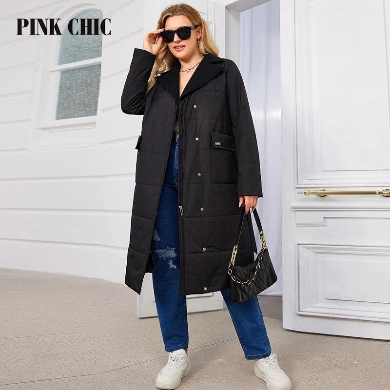 PINK CHIC Women's Spring Thin Cotton 2024 Padded Long Quilted Coat Women's Belt Warm Parka S3028
