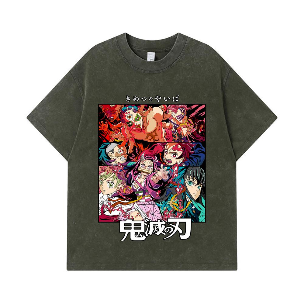 275 GSM Washed T-shirts 100 Cotton Demon Slayer V26 Print Unisex Heavy Cotton T Shirt S армия зеленый 2190₽