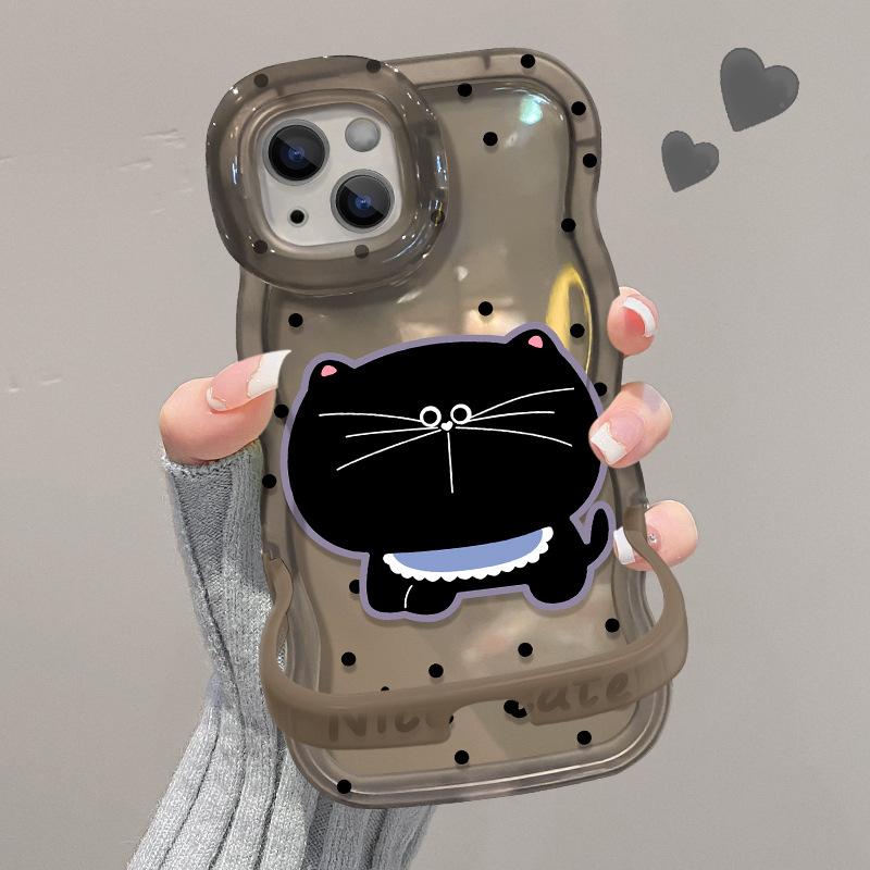 Polka Dot Black Cat Suitable for Iphone16 Apple 15 Mobile Phone Case 14promax Dual Bracket 14 Cute 13 Silicone XR