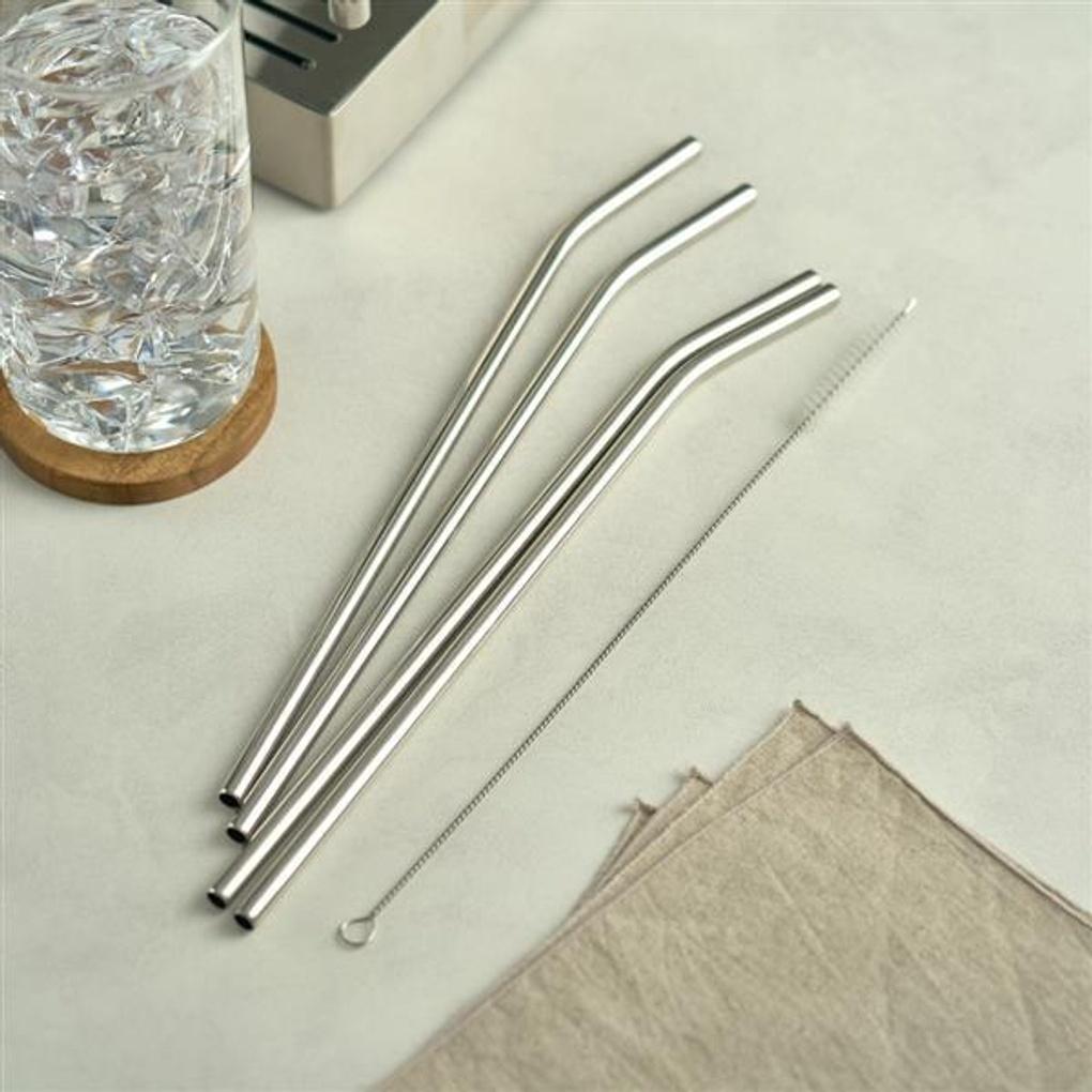 Estebanhof Stainless Steel Straw Cleaning Brush Set 30cm Curved 4P + Cleaning Brush 1P