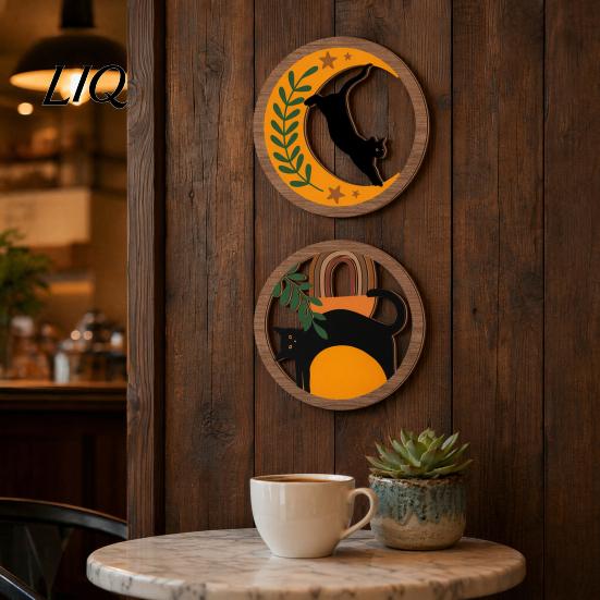 Artistic Cat Wall Piece 4Pcs 3D Boho Decoration, Round Wooden Hangings, Animal Star Sun Moon Layered Wood Hanging Botanical Decor, Plaque for