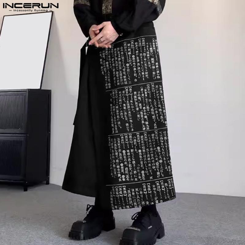 INCERUN Men Print Gothic Pleated Apron Style Irregular Layers Skirt Pants
