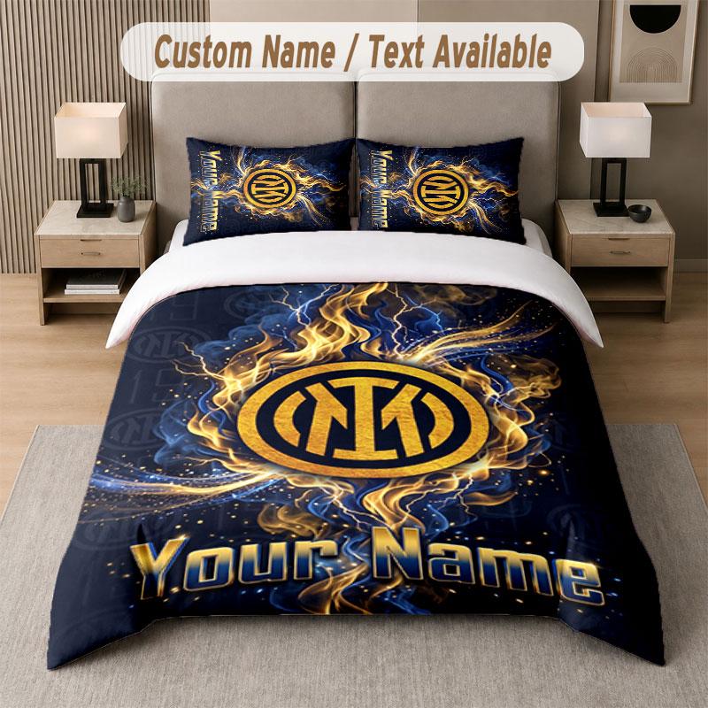Set Biancheria da Letto Personalizzato Modello Inter Milan, Stampa Nome Testo 1 Copripiumino più 2 Federe Tessile per la Casa