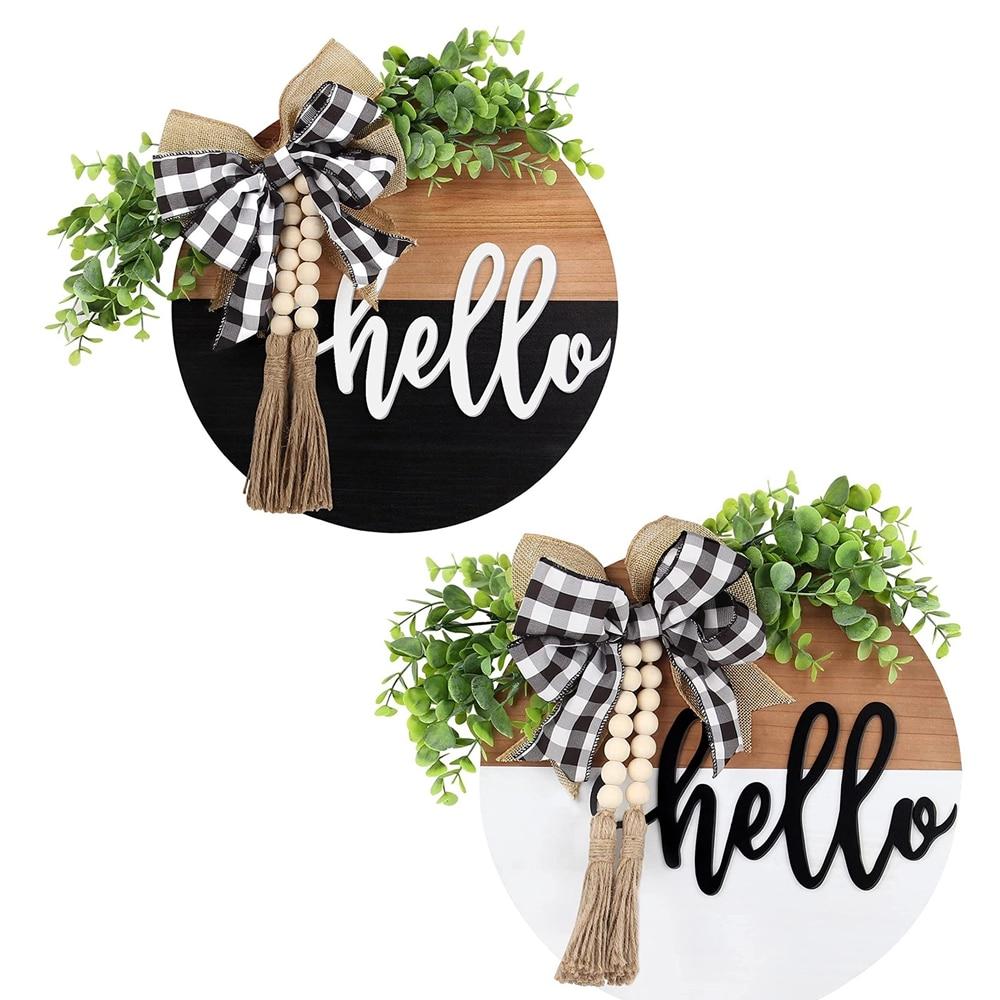 Front Door Welcome Sign, round Hello Wood Sign Hanging Welcome Sign Farmhouse Porch Spring Wreath Welcome Sign Front Door Decor, Fringe Wood Beads
