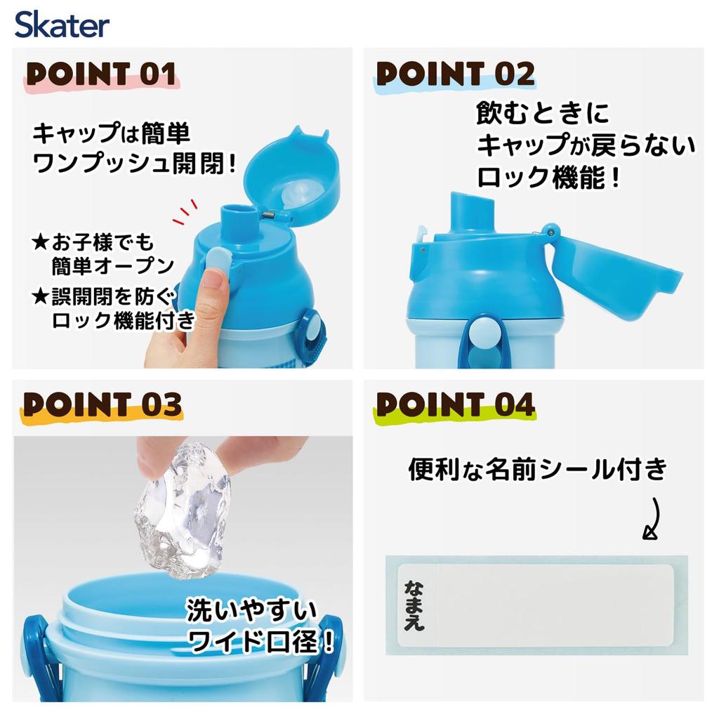 Skater Children's Water Bottle, 480ml, Direct Drinking, Plastic, One-Touch Operation, Dishwasher Safe, Made in Japan, Sanrio "I'm Doraemon" Gingham