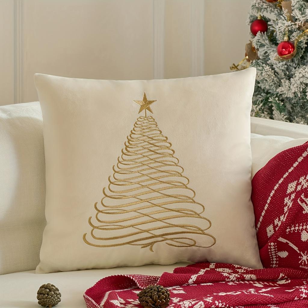 Christmas Tree Snowflake Faux Embroidery DoubleSided Pillow Cover Zippered Cushion Case for Sofa Decor