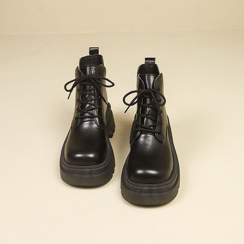 2025 Summer New Models Show Height and Increase Platform British Single Boots Lace-up Middle Heel Martin Boots Women's Ins Versatile Short Boots
