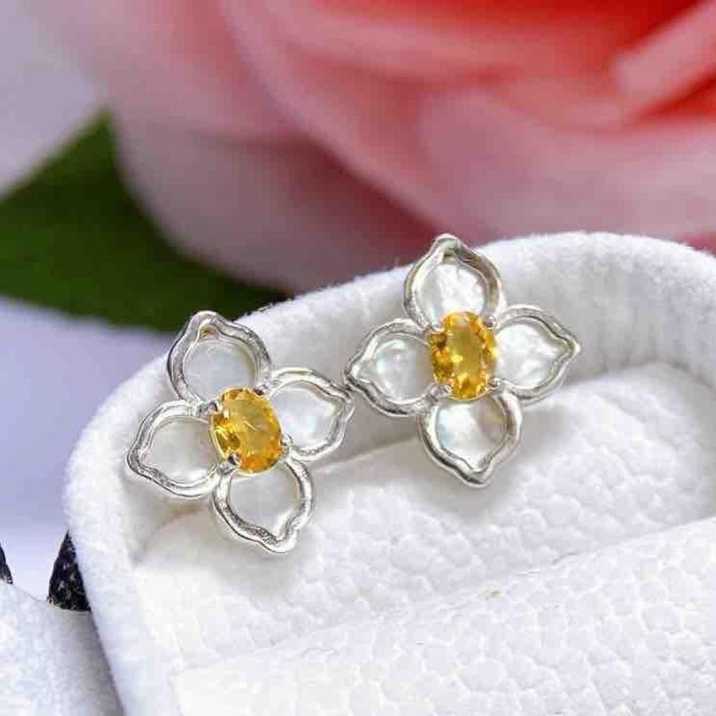Citrine Stud Earrings: S925 Silver with Natural Design