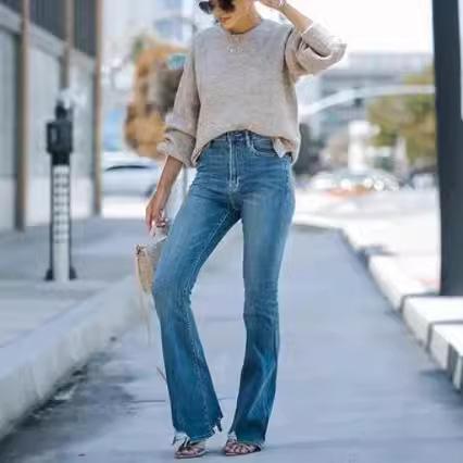 Women High Waist Vintage Flared Jeans Medium Stretch Slim Bootcut Denim Pants Casual Street Denim Trousers For Ladies