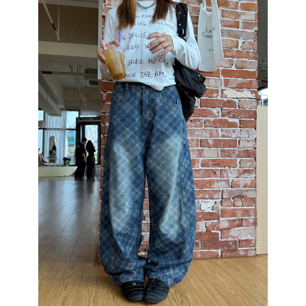 Unisex Retro Plaid Scimitar Jeans: Loose, Washed, Wrinkled Style Double XL