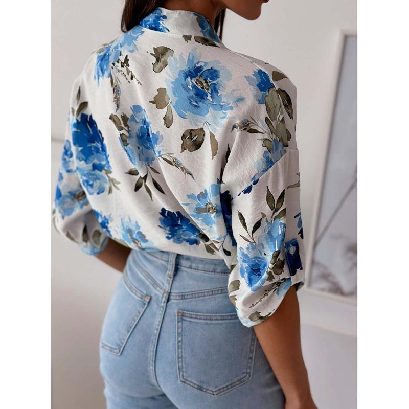 Nueva blusa holgada de manga tres cuartos con estampado y botonadura sencilla para mujer, colección primavera-verano.