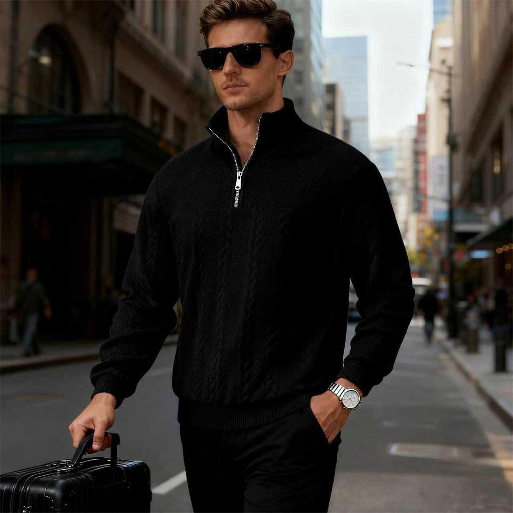 Men's Knitted Pullover Sweater Half Zip Stand Collar Cable Knit Pattern Long Sleeve Casual Winter Warm Sweatshirt
