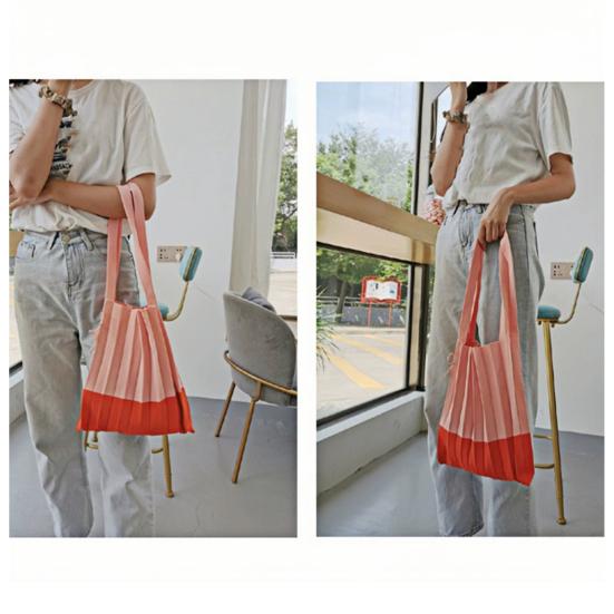 Faltbare Einkaufstasche Wiederverwendbar Akkordeon-Einkaufstasche Farbblock-Falten-Schultertasche für den Lebensmitteleinkauf Tägliche Besorgungen