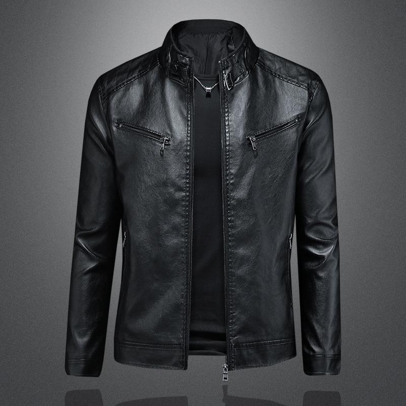 New Style Mens Stand Collar Leather Jacket For And Plus Size Trendy Casual Motorcycle Slim-fit Leather Jacket Set 5609