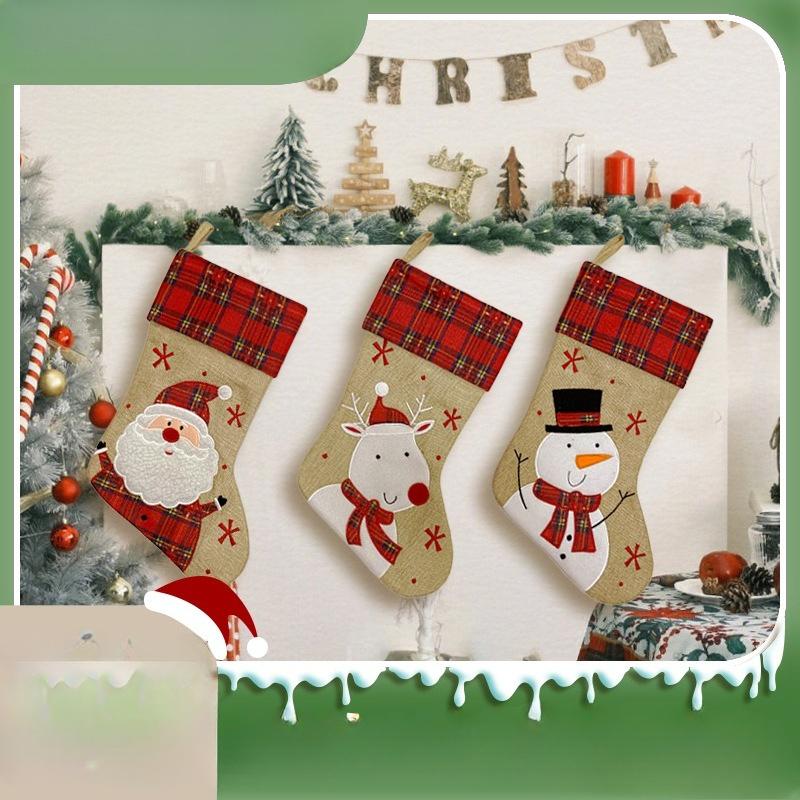Christmas stockings old man snowman elk brown linen plaid Christmas gift stockings decorative candy bag