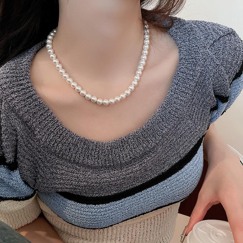 French Long Stacked Colored Pearl Necklace, Simple Temperament Collarbone Chain, Retro Necklace for Women