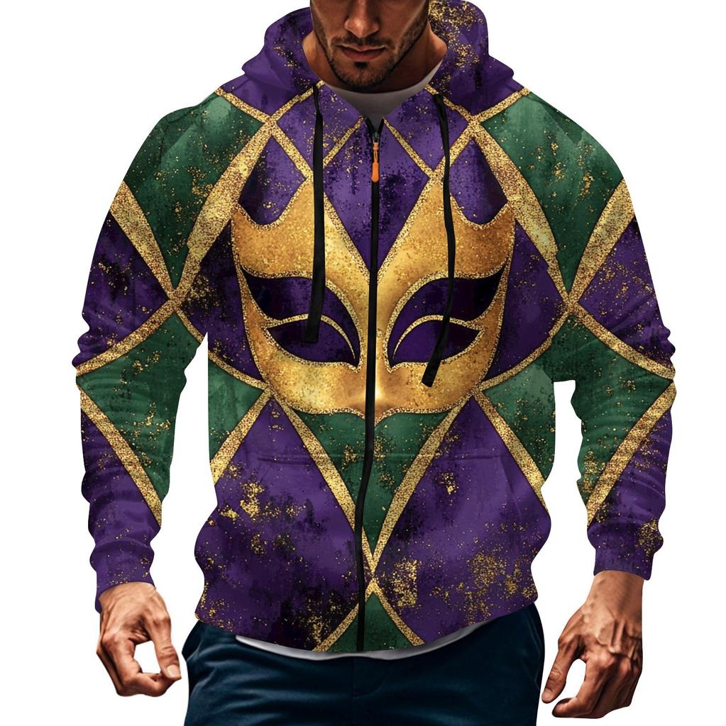 Men's Sports Casual Fleece Hoodie Carnival Print Hoodie Cardigan Zipper Multi-pocket Hoodie Coat