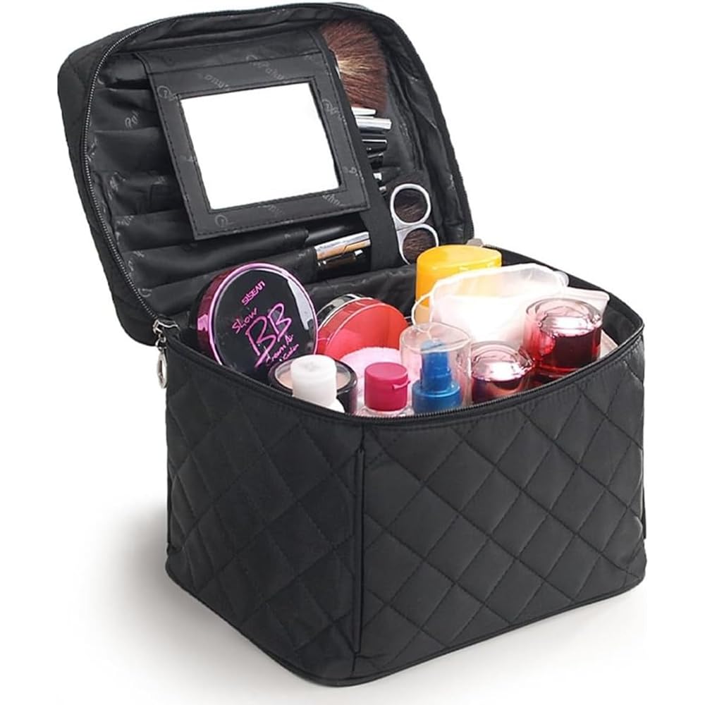 FYX Large Capacity Cosmetic Bag with Mirror Foldable Makeup Pouch Vanity Case Travel Storage Box for Cosmetics